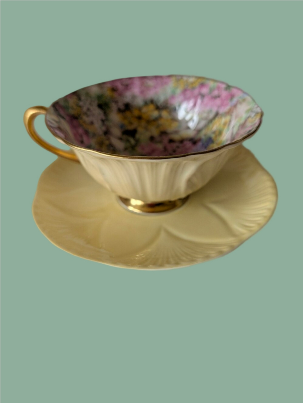 Vintage Tea Cup Saucer By Shelley Rock Garden Pattern Pink, Yellow, Blue English
